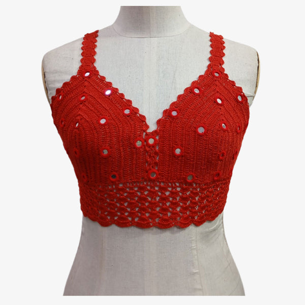 Red Adjustable Tie Back Crochet Top with Hand Embroidery Mirror Work