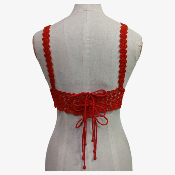 Red Adjustable Tie Back Crochet Top with Hand Embroidery Mirror Work