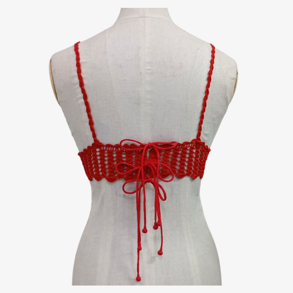 Red Adjustable Tie Back Crochet Top with Hand Embroidery Mirror Work