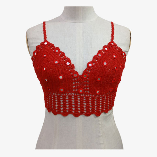 Red Adjustable Tie Back Crochet Top with Hand Embroidery Mirror Work