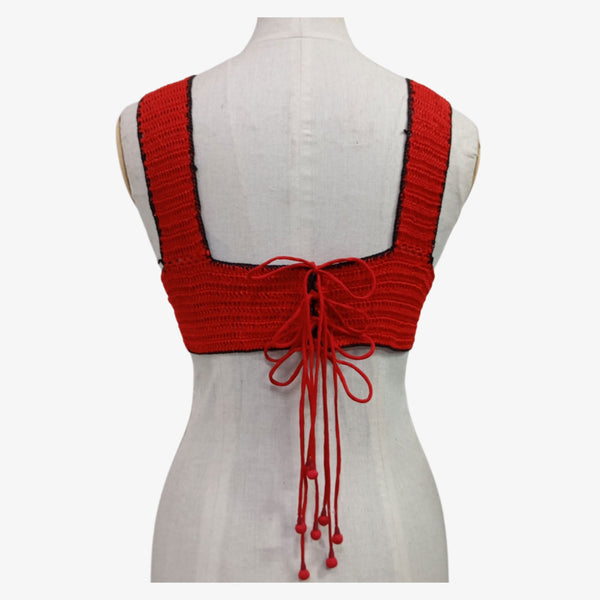 Red & Black Adjustable Tie Back Crochet Top with Hand Embroidery Mirror Work
