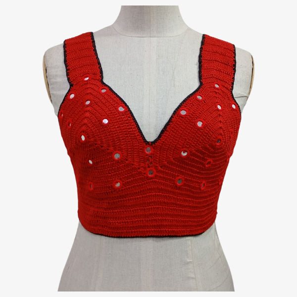 Red & Black Adjustable Tie Back Crochet Top with Hand Embroidery Mirror Work
