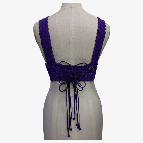 Emerson Purple Adjustable Tie Back Crochet Top with Hand Embroidery Mirror Work