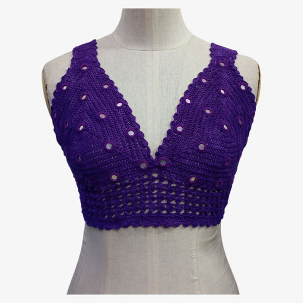 Emerson Purple Adjustable Tie Back Crochet Top with Hand Embroidery Mirror Work
