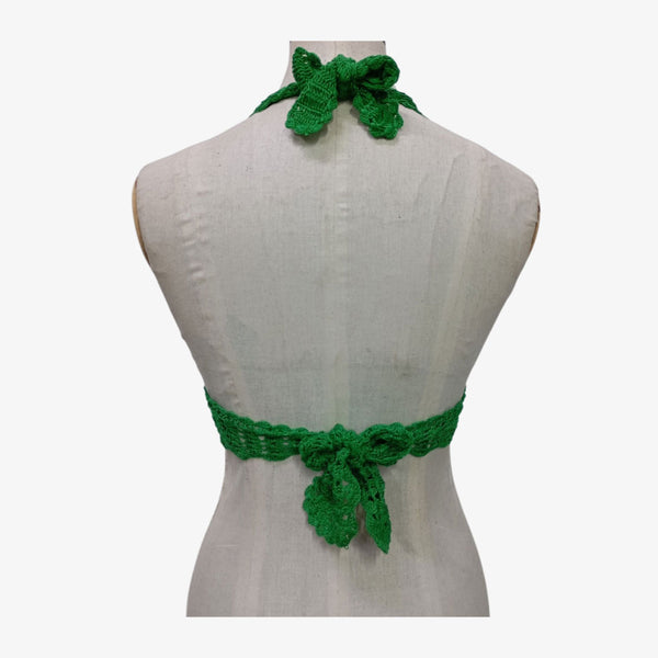 Green Colour Adjustable Tie Back Crochet Top with Hand Embroidery Mirror Work
