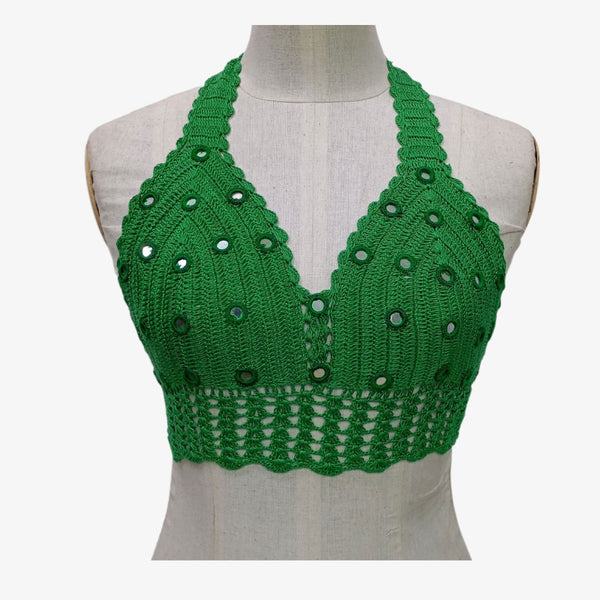 Green Colour Adjustable Tie Back Crochet Top with Hand Embroidery Mirror Work