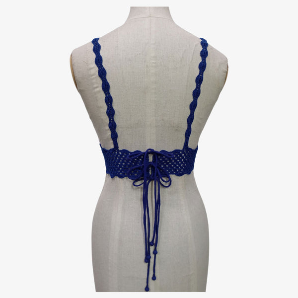 Indigo Blue Colour Adjustable Tie Back Crochet Top with Hand Embroidery Mirror Work