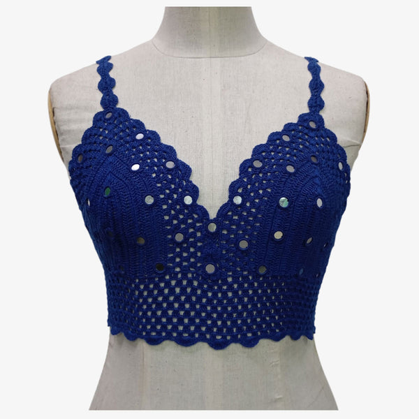 Indigo Blue Colour Adjustable Tie Back Crochet Top with Hand Embroidery Mirror Work