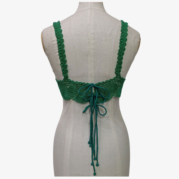 Green Colour Adjustable Tie Back Crochet Top with Hand Embroidery Mirror Work