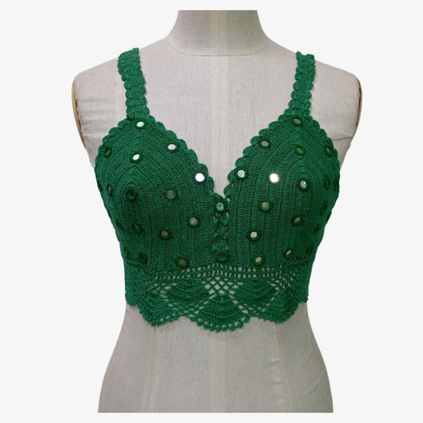 Green Colour Adjustable Tie Back Crochet Top with Hand Embroidery Mirror Work