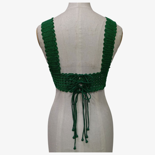 Green Colour Adjustable Tie Back Crochet Top with Hand Embroidery Mirror Work