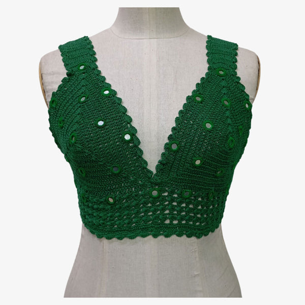 Green Colour Adjustable Tie Back Crochet Top with Hand Embroidery Mirror Work