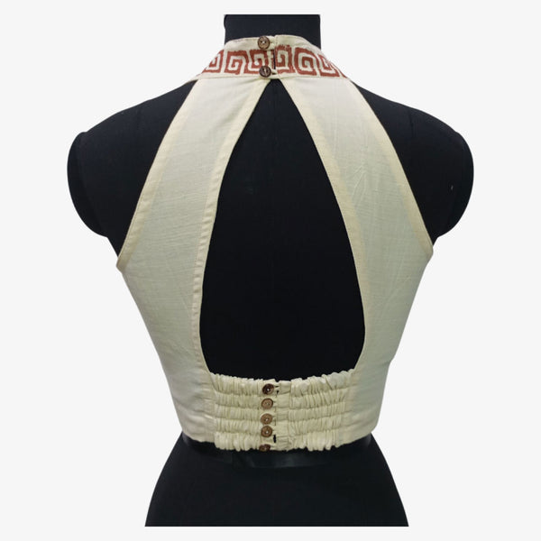 Off white with Red & Black Motifs Adjustable Back Opening Blouse