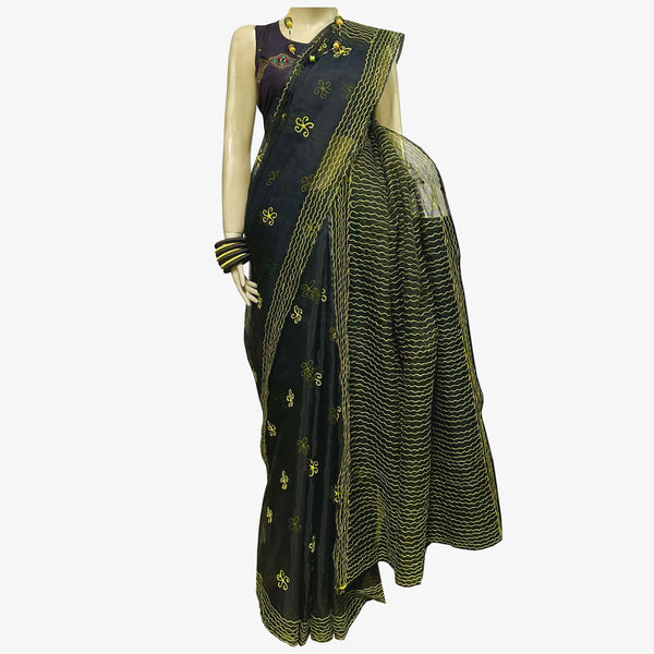 Yellow & Black Raw Silk & Flower Motifs Embroidery Sari