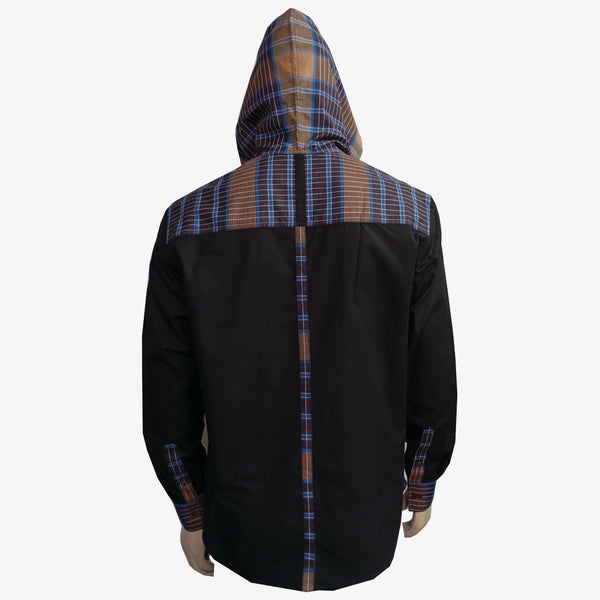 Black & Multi colour Check Full Sleeves Hooded Shirt