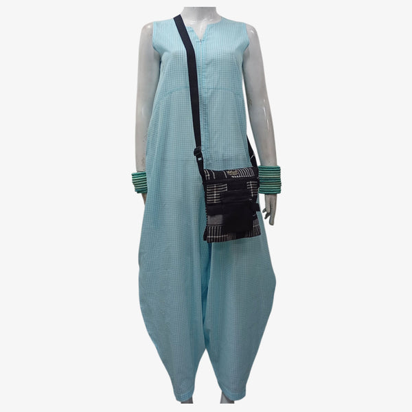 Turquoise & White Gingham Cotton Jumpsuit