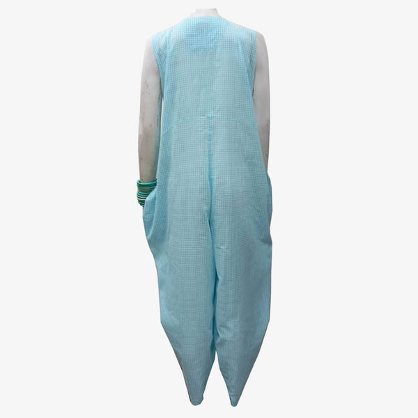 Turquoise & White Gingham Cotton Jumpsuit