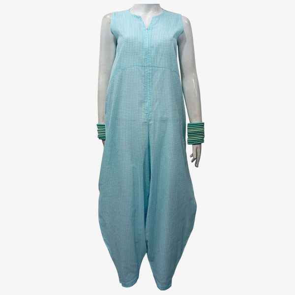 Turquoise & White Gingham Cotton Jumpsuit