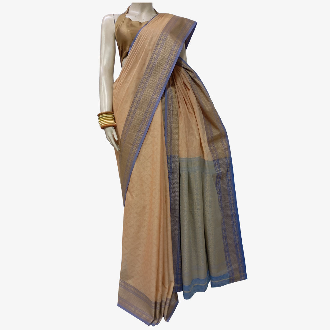 Apricot Cream & Aster Purple Colour Belkuchi Sari with Blouse Piece