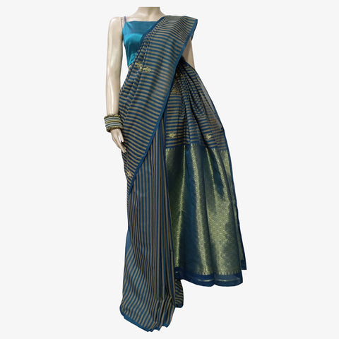 Blue Coral & Bright Gold Colour Belkuchi Sari with Blouse Piece.