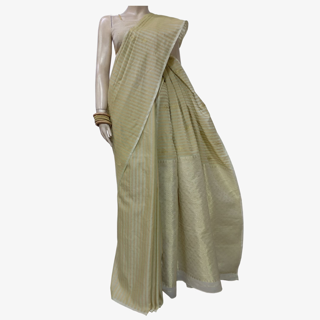 Dried Moss & Bright Gold Colour Belkuchi Sari with Blouse Piece.