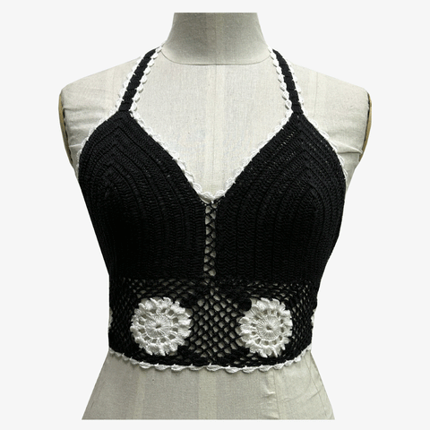 Black Adjustable Tie Back Crochet Top