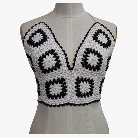 White & Black Adjustable Tie Back Crochet Top