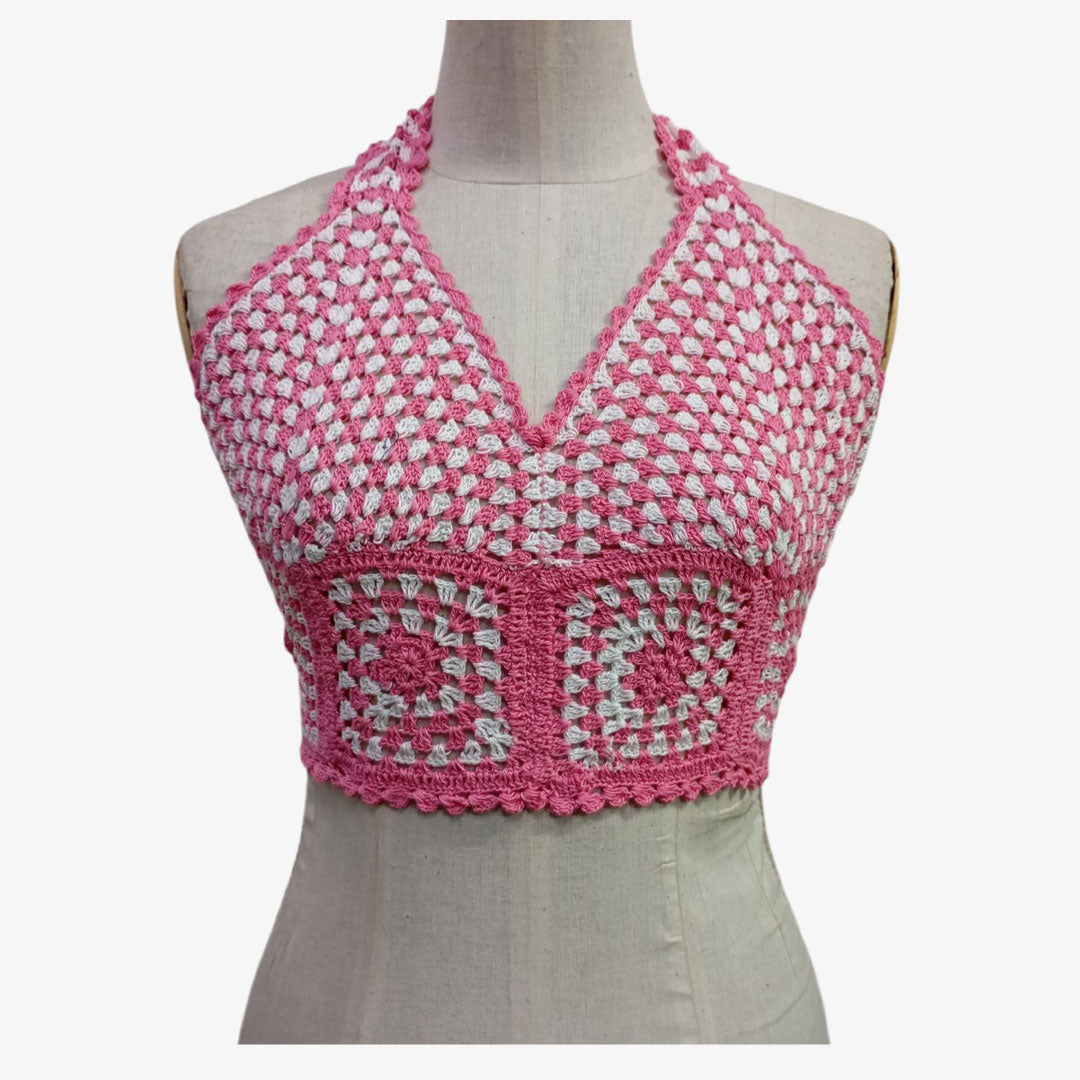 Pink & White Adjustable Tie Back Crochet Top