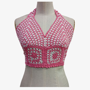 Pink & White Adjustable Tie Back Crochet Top