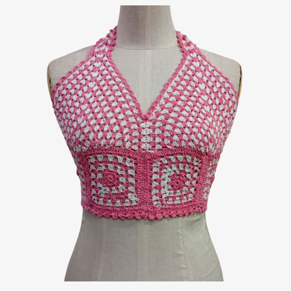 Pink & White Adjustable Tie Back Crochet Top