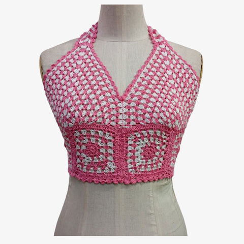 Pink & White Adjustable Tie Back Crochet Top