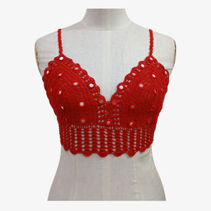 Red Adjustable Tie Back Crochet Top with Hand Embroidery Mirror Work