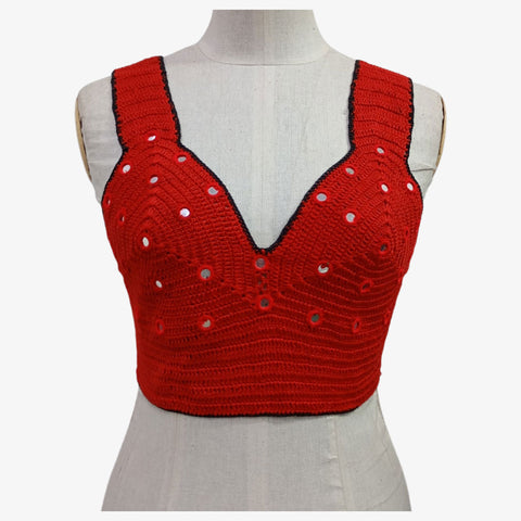 Red & Black Adjustable Tie Back Crochet Top with Hand Embroidery Mirror Work