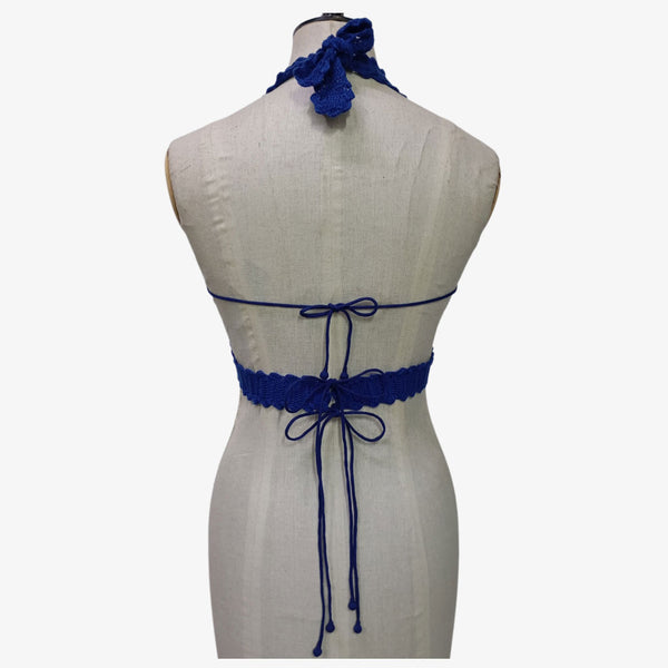 Indigo Blue Colour Adjustable Tie Back Crochet Top with Hand Embroidery Mirror Work