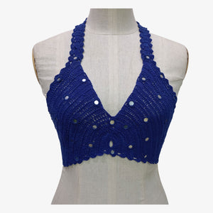 Indigo Blue Colour Adjustable Tie Back Crochet Top with Hand Embroidery Mirror Work