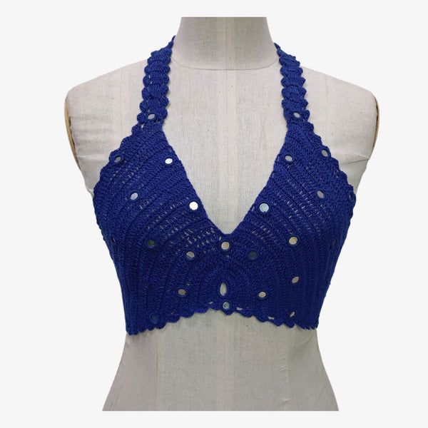 Indigo Blue Colour Adjustable Tie Back Crochet Top with Hand Embroidery Mirror Work