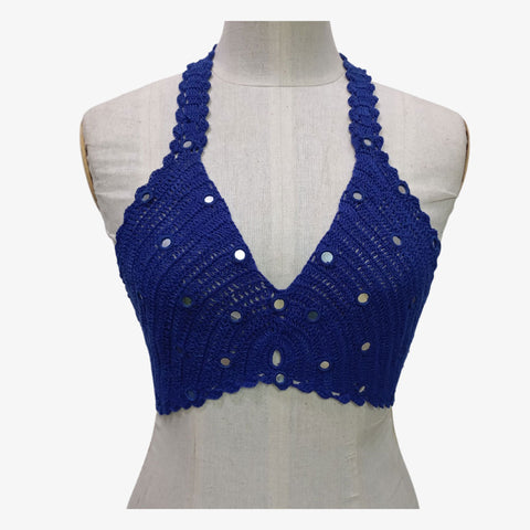 Indigo Blue Colour Adjustable Tie Back Crochet Top with Hand Embroidery Mirror Work