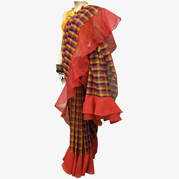 Bibi'r Multi-colour Tangail Taater Frill Sari