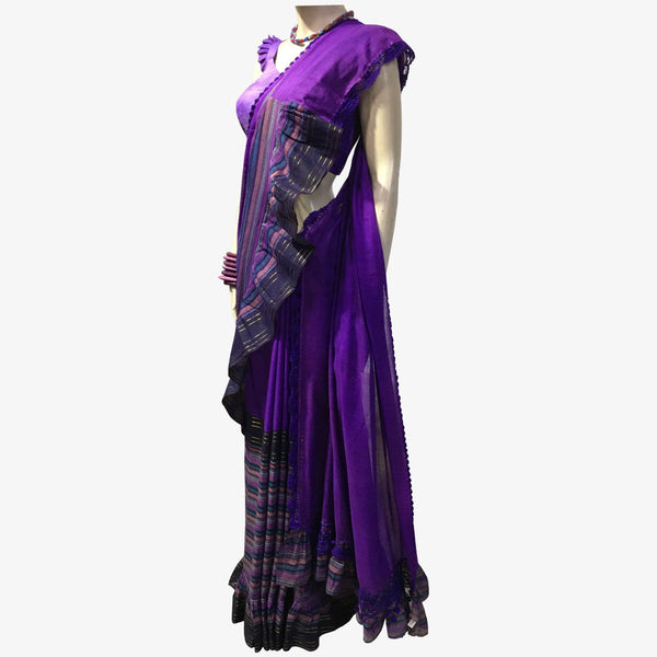 Bright Violet Stripe Cotton Frill Sari