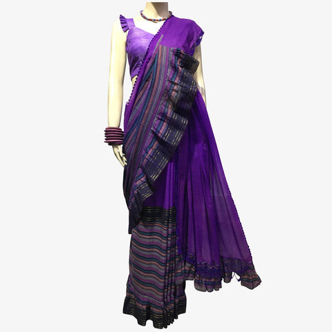 Bright Violet Stripe Cotton Frill Sari