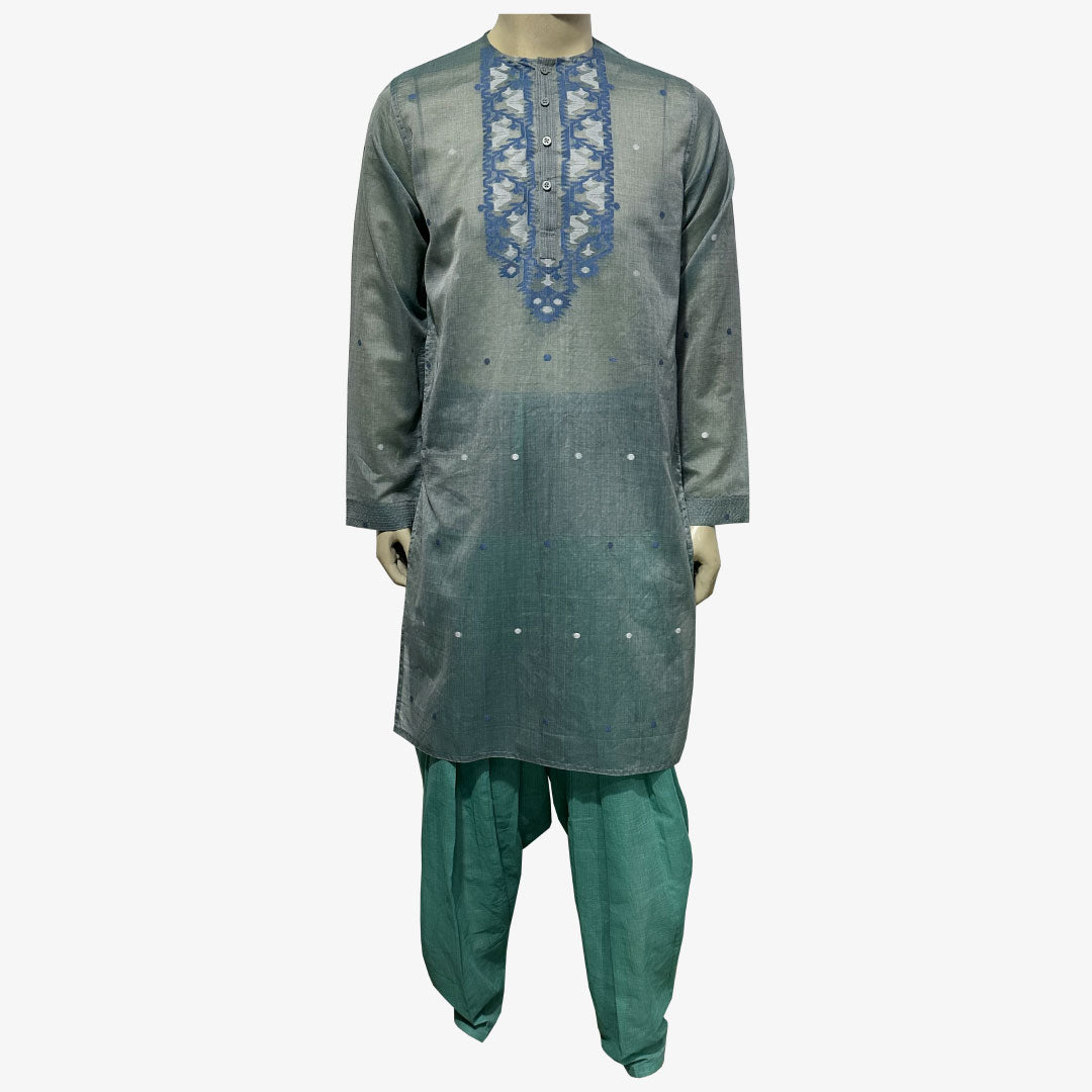 Blue Spruce & Mineral Gray and Federal Blue Round Neck Jamdani Panjabi with Pool Green Jamdani Patiala Shalwar Set