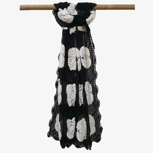 Black Colour & White Motifs Crochet Scarf