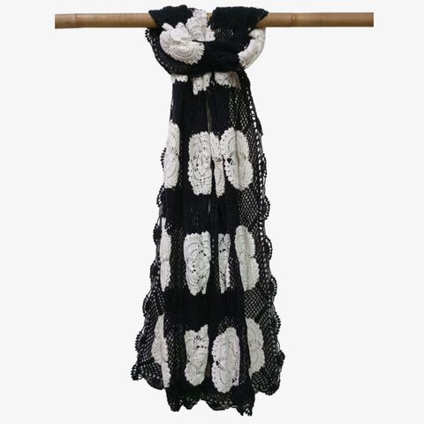 Black Colour & White Motifs Crochet Scarf
