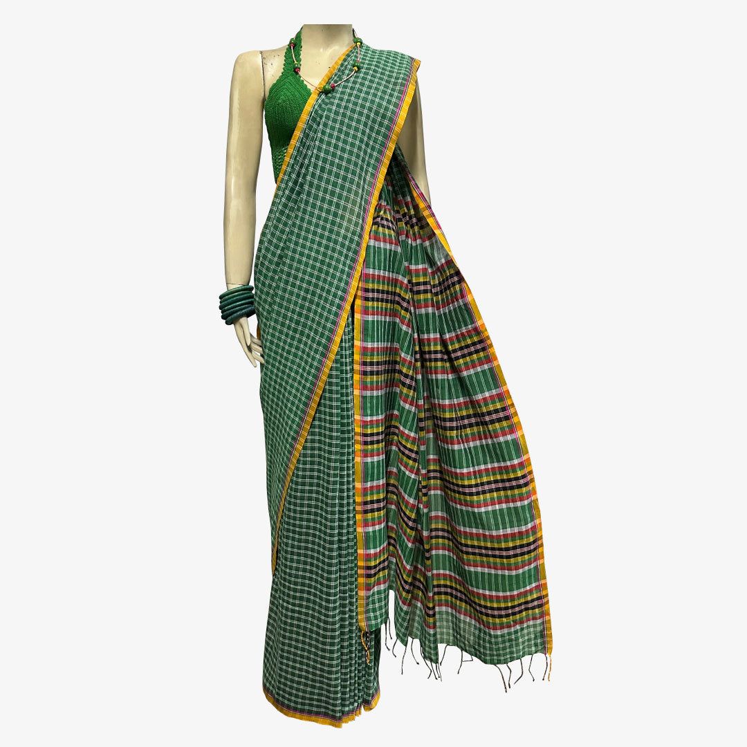 Multicolour Green & White Check Gamcha Sari