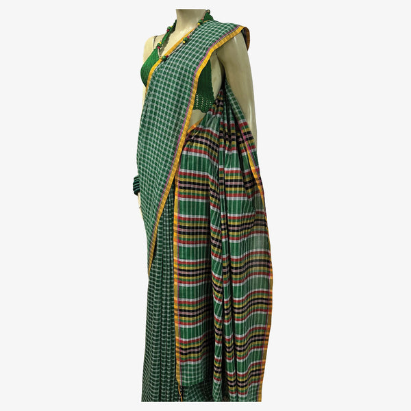 Multicolour Green & White Check Gamcha Sari