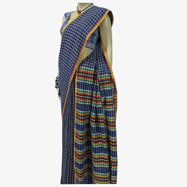 Multicolour Blue & White Check Gamcha Sari