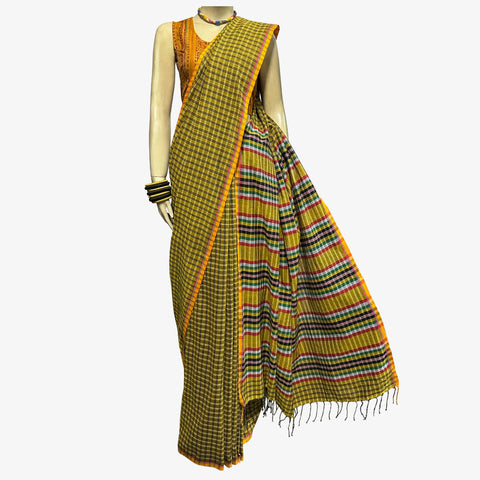 Multicolour Yellow & White & Black Check Gamcha Sari