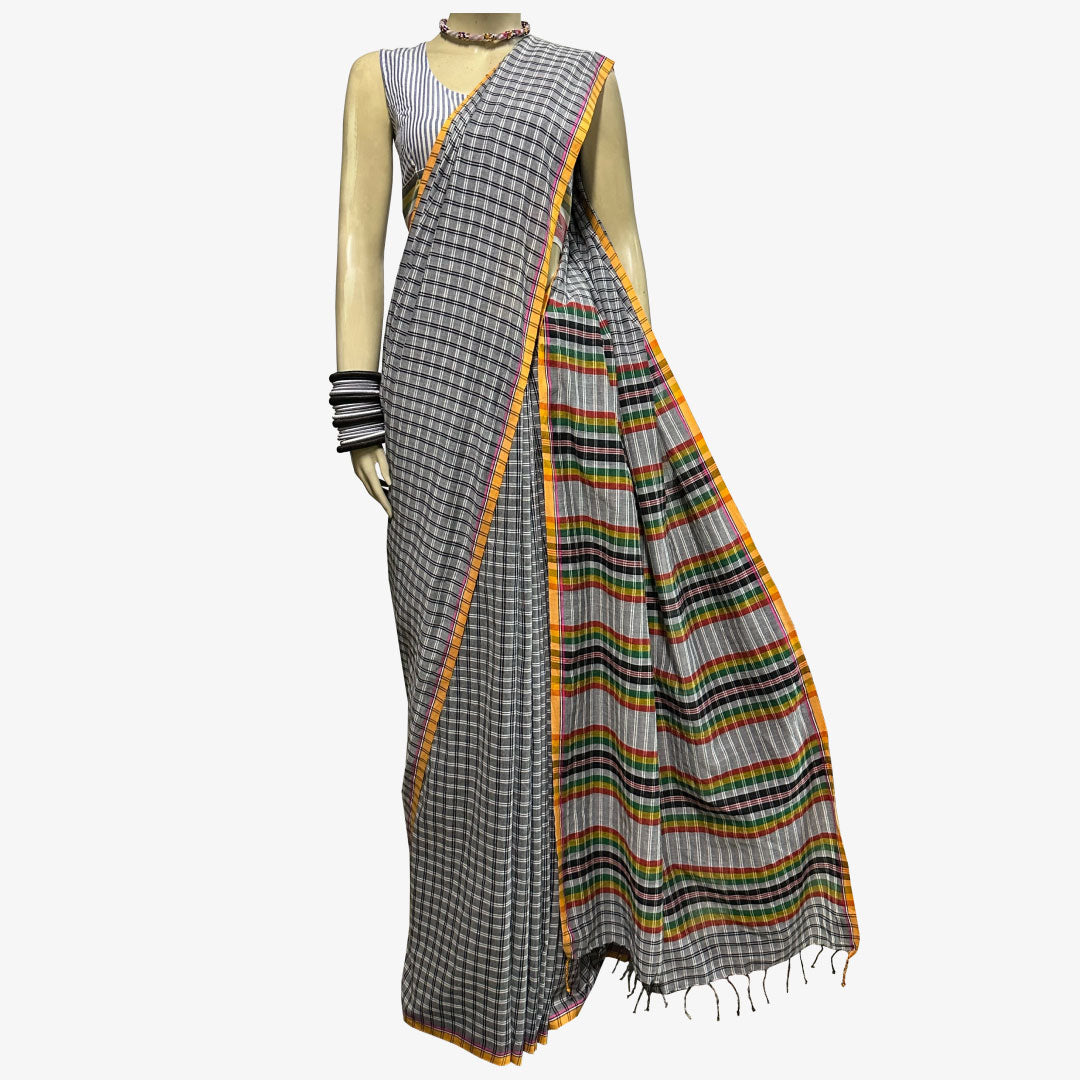 Multicolour Black & White & Ash Check Gamcha Sari