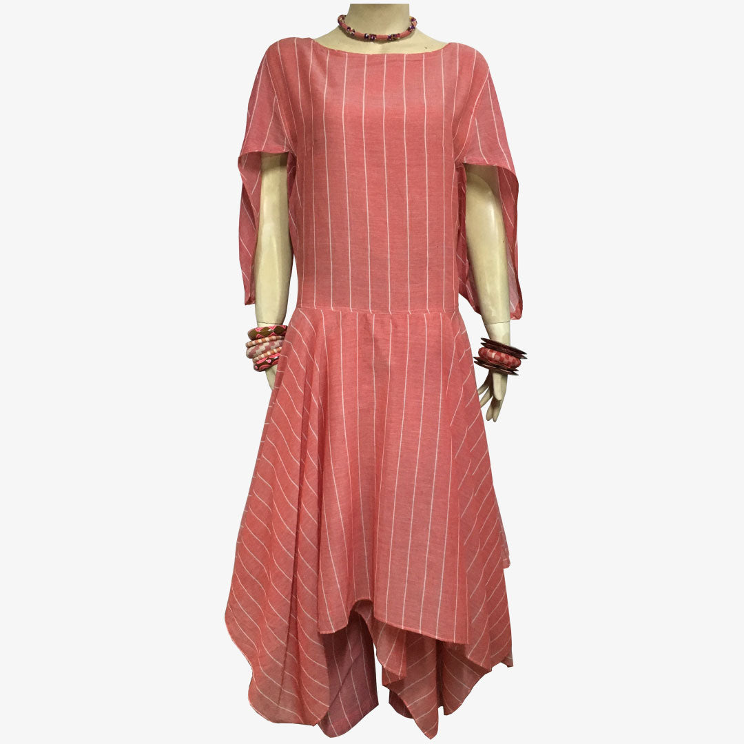 Tea Rose & White Stripe Handkerchief Style Midi Dress