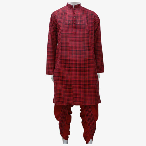 Red & Black Check Colour Band Collar Eid Panjabi